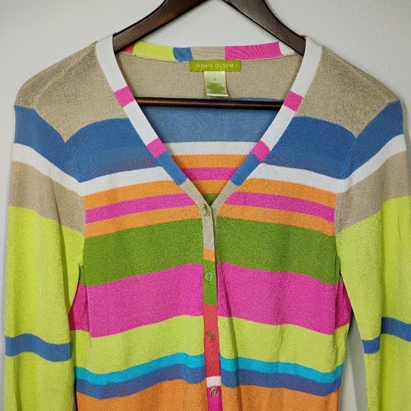 Sigrid Olsen Cardigan Sweater Womens Small Colorful Stripes Preppy Art Teacher - Picture 2 of 9